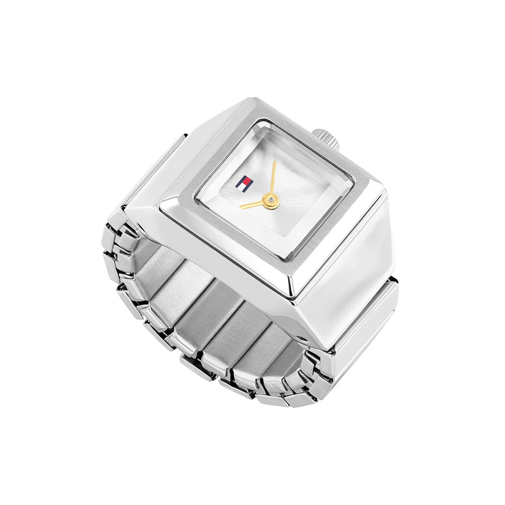 Tommy Hilfiger Armbanduhr mit rechteckigem silbernem Gehäuse und Metallarmband, Analogzifferblatt