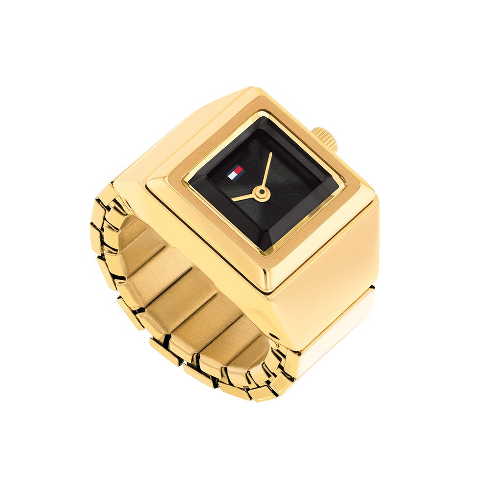 Tommy Hilfiger Armbanduhr für Damen mit quadratischem Gehäuse, schwarzem Zifferblatt und goldfarbenem Metallarmband
