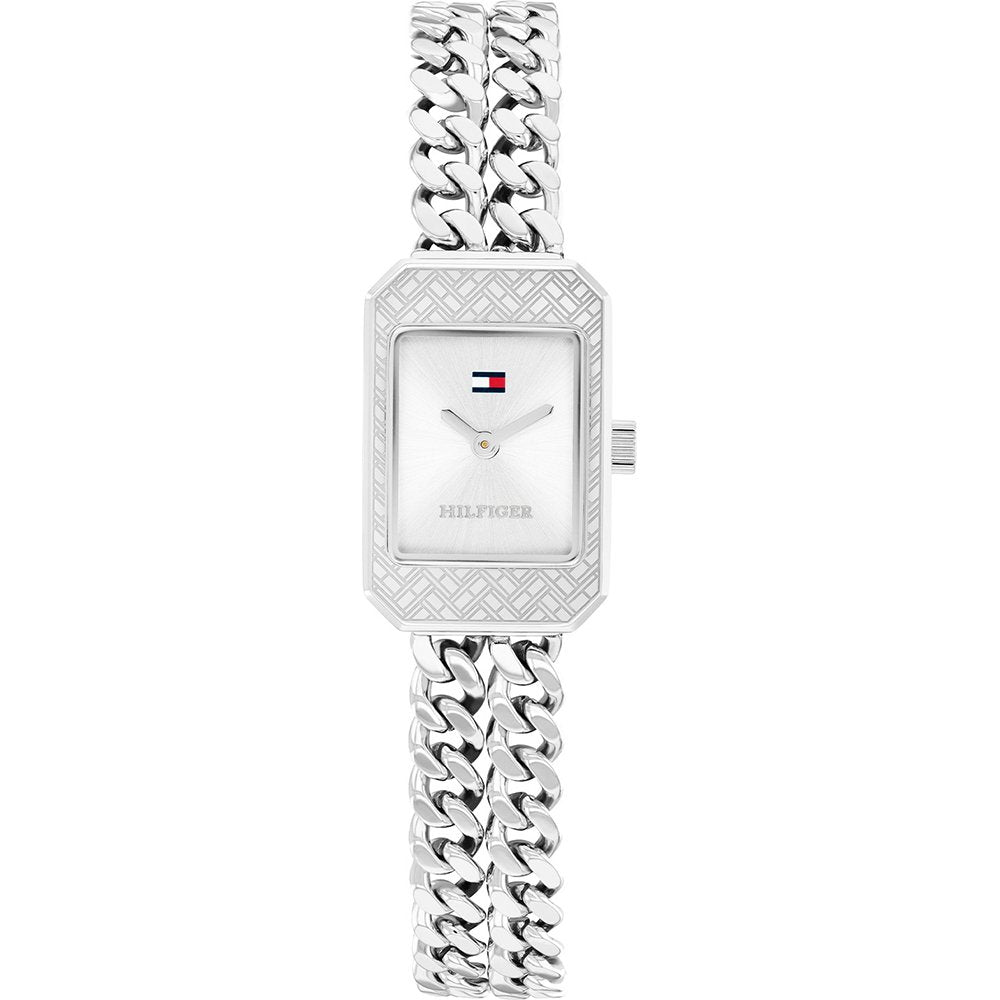 Tommy Hilfiger Armbanduhr mit silbernem Gliederarmband und rechteckigem Zifferblatt