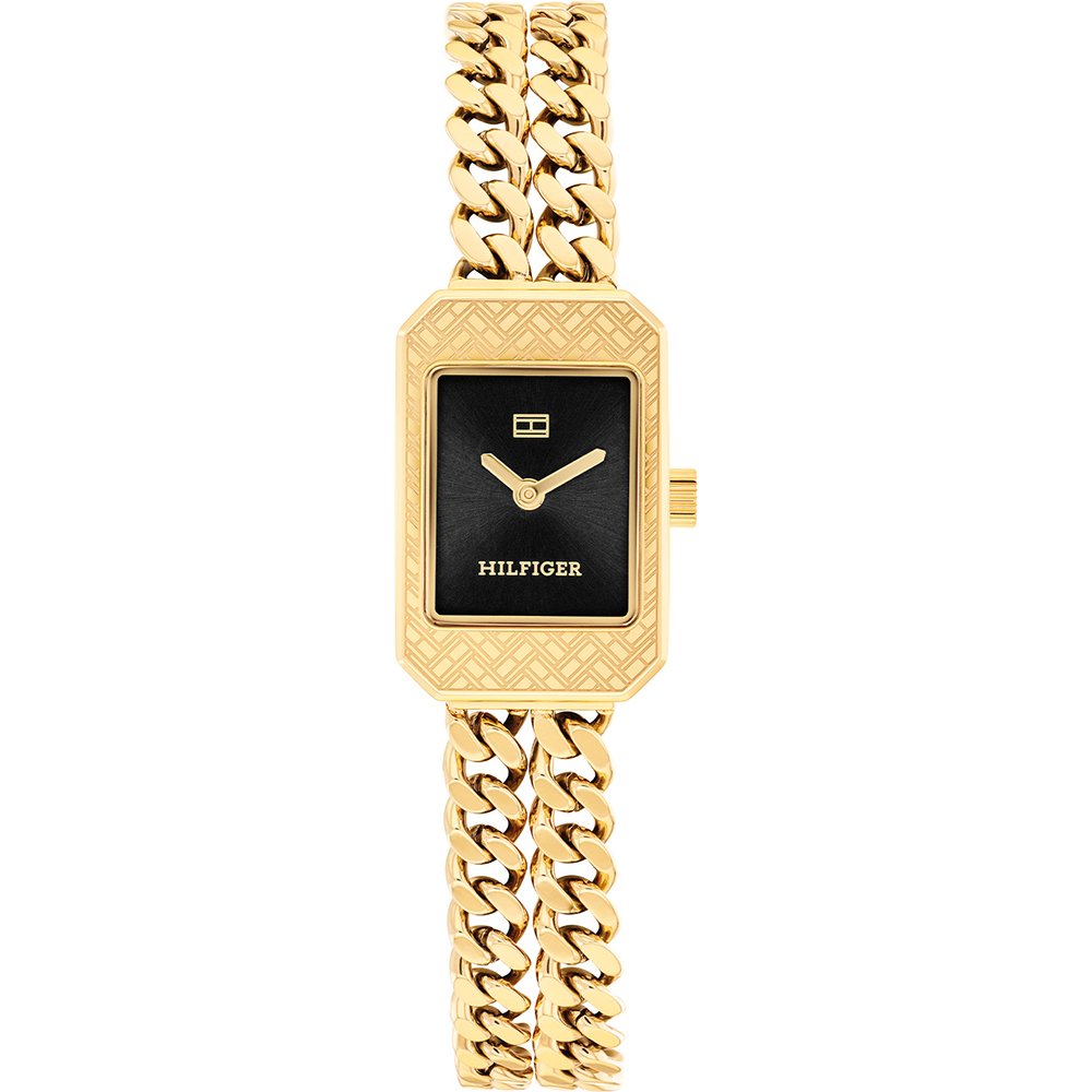 Damenarmbanduhr Tommy Hilfiger mit goldfarbenem Edelstahlarmband und rechteckigem schwarzem Zifferblatt