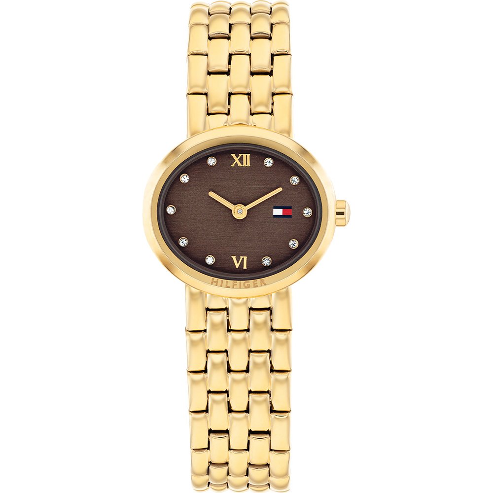Tommy Hilfiger Damenarmbanduhr: goldfarbenes Edelstahlband, braunes Rundzifferblatt, römische Zahlen