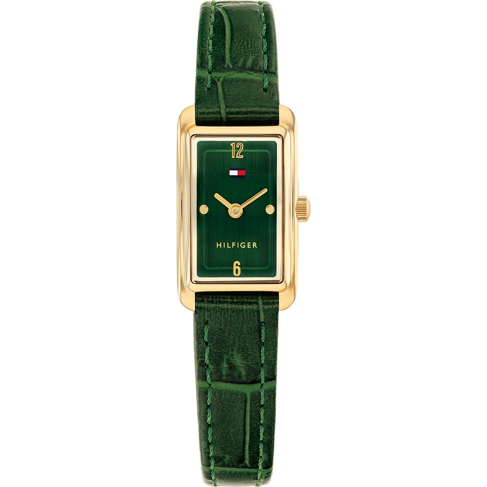 Tommy Hilfiger Damenarmbanduhr mit grünem Lederband, rechteckigem Zifferblatt und goldfarbenem Gehäuse