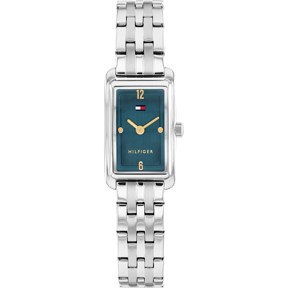 Tommy Hilfiger Damen-Armbanduhr: Stahlband, rechteckiges blaues Zifferblatt, Quarz