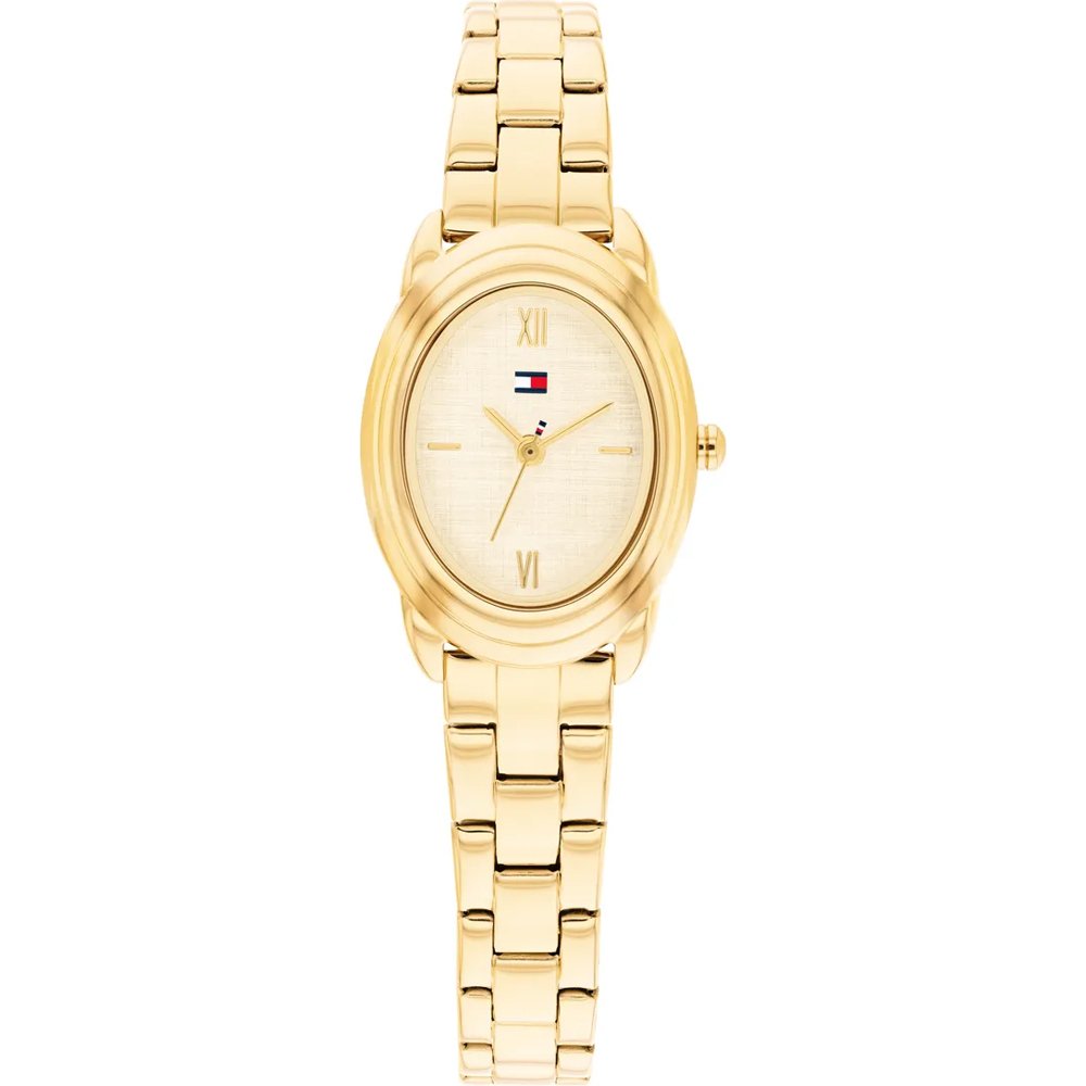 Tommy Hilfiger Damenarmbanduhr mit goldfarbenem Metallarmband und ovalem Zifferblatt
