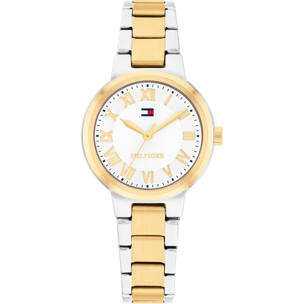 Tommy Hilfiger Armbanduhr mit weißem Zifferblatt, römischen Ziffern und zweifarbigem Gliederband