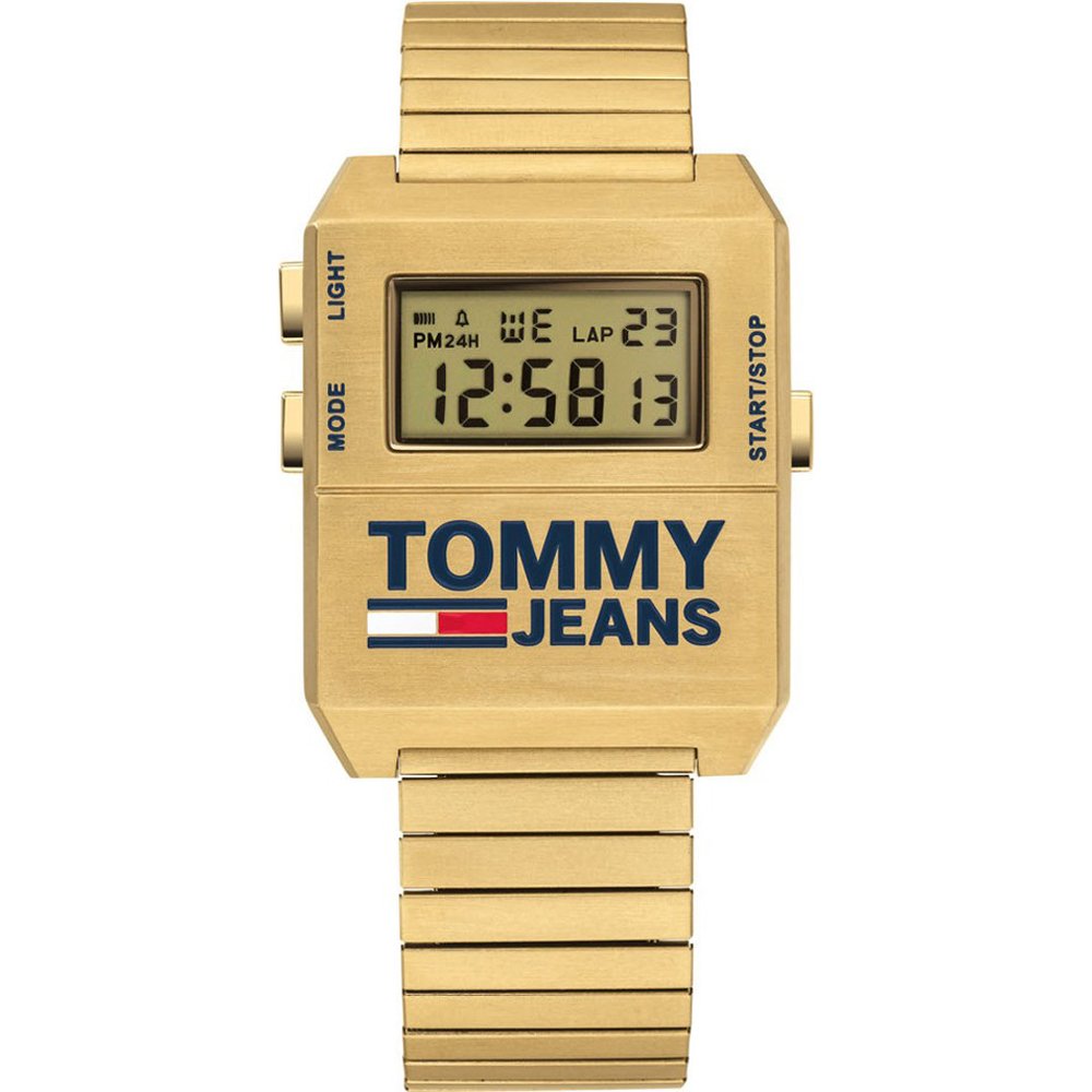 Herren-Armbanduhr Tommy Hilfiger mit digitalem Display, goldfarbenem Metallband und Gehäuse