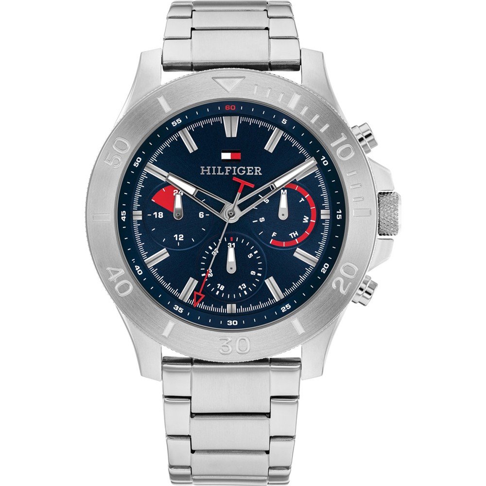 Tommy Hilfiger Damenarmbanduhr mit silbernem Metallband, rundem Gehäuse, blauem Zifferblatt