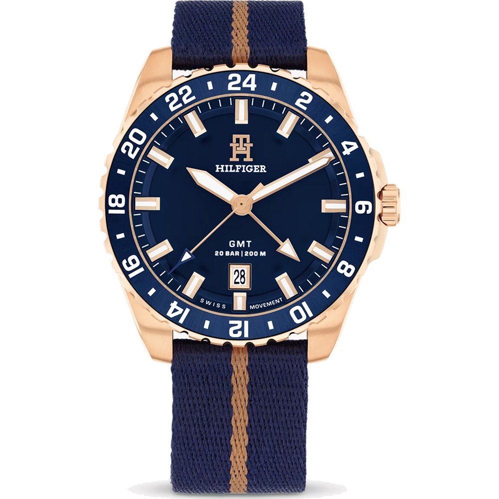 Armbanduhr mit roségoldfarbenem Gehäuse, blauem Zifferblatt und dunkelblauem Textilband