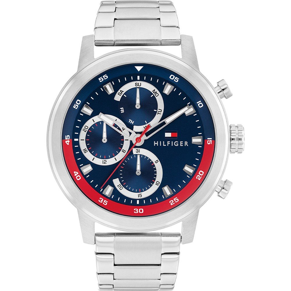 Damenarmbanduhr mit Edelstahlband, blauem Zifferblatt mit Chrono-Subdials und roter Akzentlinie
