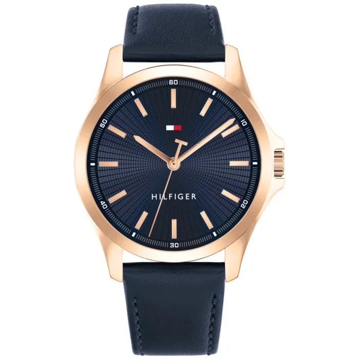 Tommy Hilfiger Herrenarmbanduhr: dunkelblaues Zifferblatt, Lederband, roségoldfarbenes Gehäuse