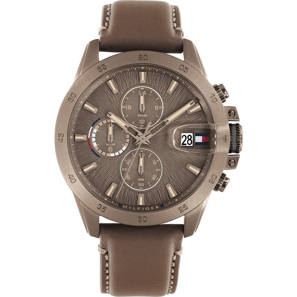 Tommy Hilfiger Damenarmbanduhr mit braunem Lederarmband, rundem Gehäuse und Datumsfenster