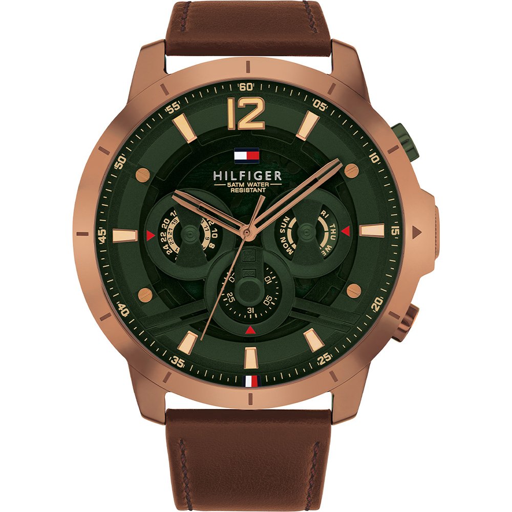 Tommy Hilfiger Damenarmbanduhr mit grünem Zifferblatt und braunem Lederarmband