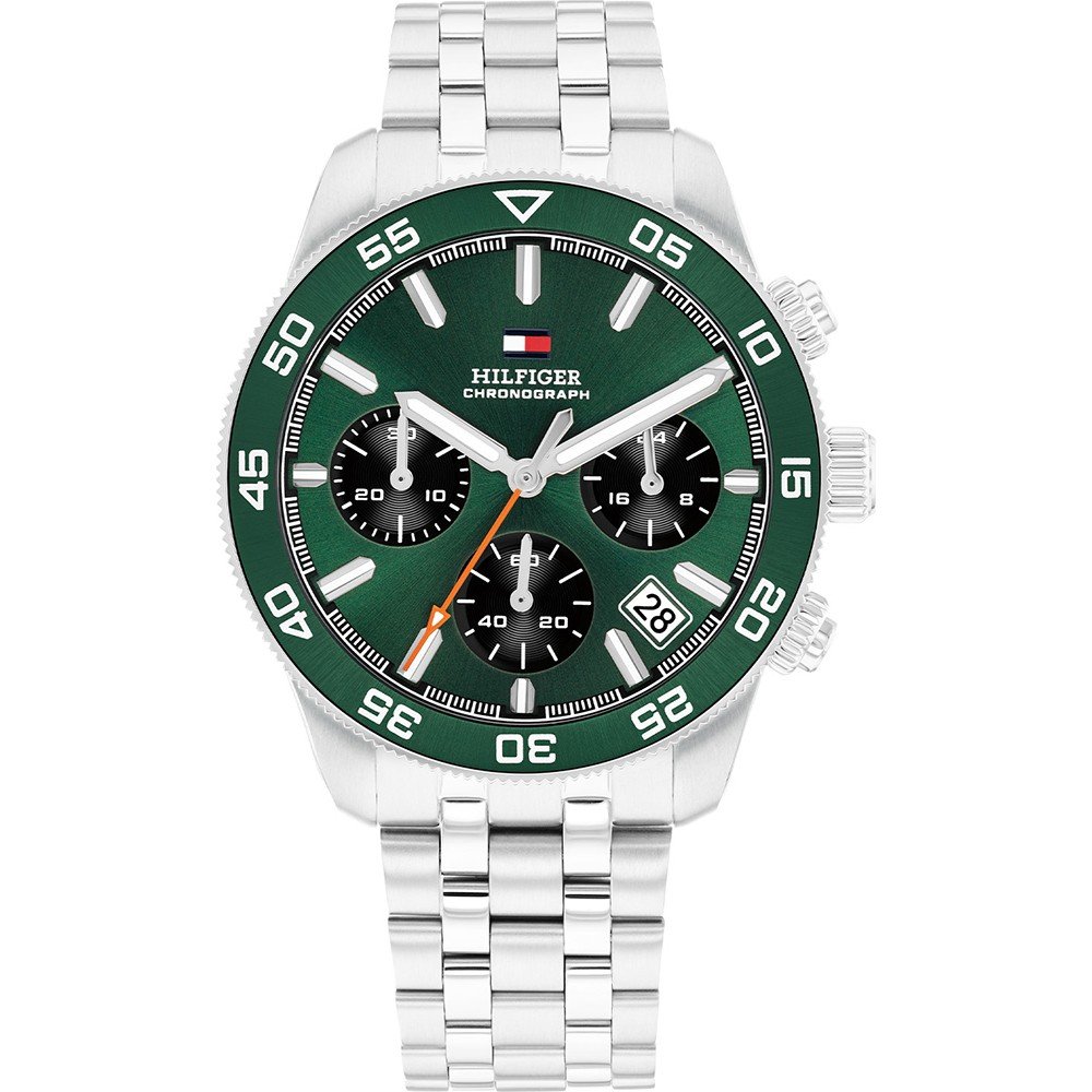 Tommy Hilfiger Damenarmbanduhr mit silbernem Edelstahlband und grünem Chronograph-Zifferblatt