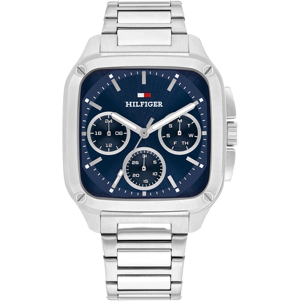 Tommy Hilfiger Damenarmbanduhr mit blauem Zifferblatt, silbernem Metallarmband