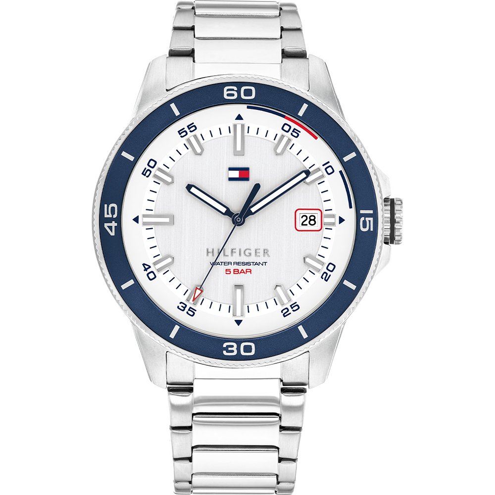 Tommy Hilfiger Damenarmbanduhr aus Edelstahl, weißes Zifferblatt, blaues Lünette, Datumsanzeige