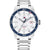 Tommy Hilfiger Damenarmbanduhr aus Edelstahl, weißes Zifferblatt, blaues Lünette, Datumsanzeige