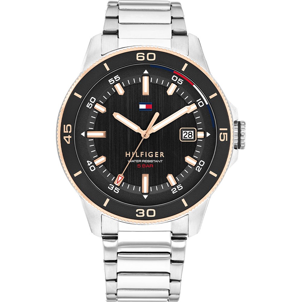 Tommy Hilfiger Herrenuhr mit schwarzem Zifferblatt und Edelstahlarmband, runde Lünette