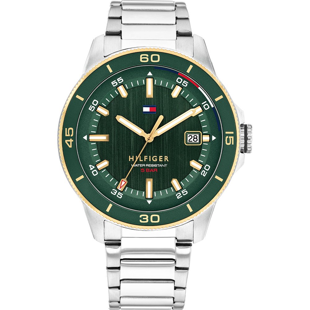 Tommy Hilfiger Damen-Armbanduhr mit silbernem Metallband, dunkelgrünem Zifferblatt und Datumsanzeige