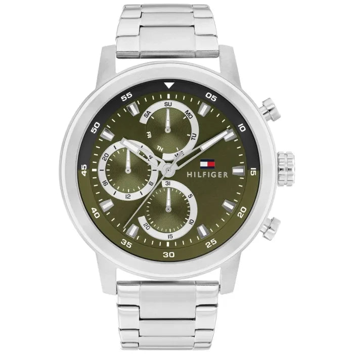 Tommy Hilfiger Herrenarmbanduhr mit grünem Zifferblatt, Edelstahlband und Multifunktionsanzeigen