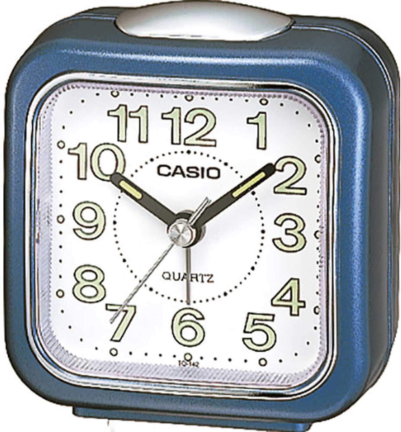 Blauer analoger Casio Wecker mit weißem Zifferblatt und schwarzen Ziffern