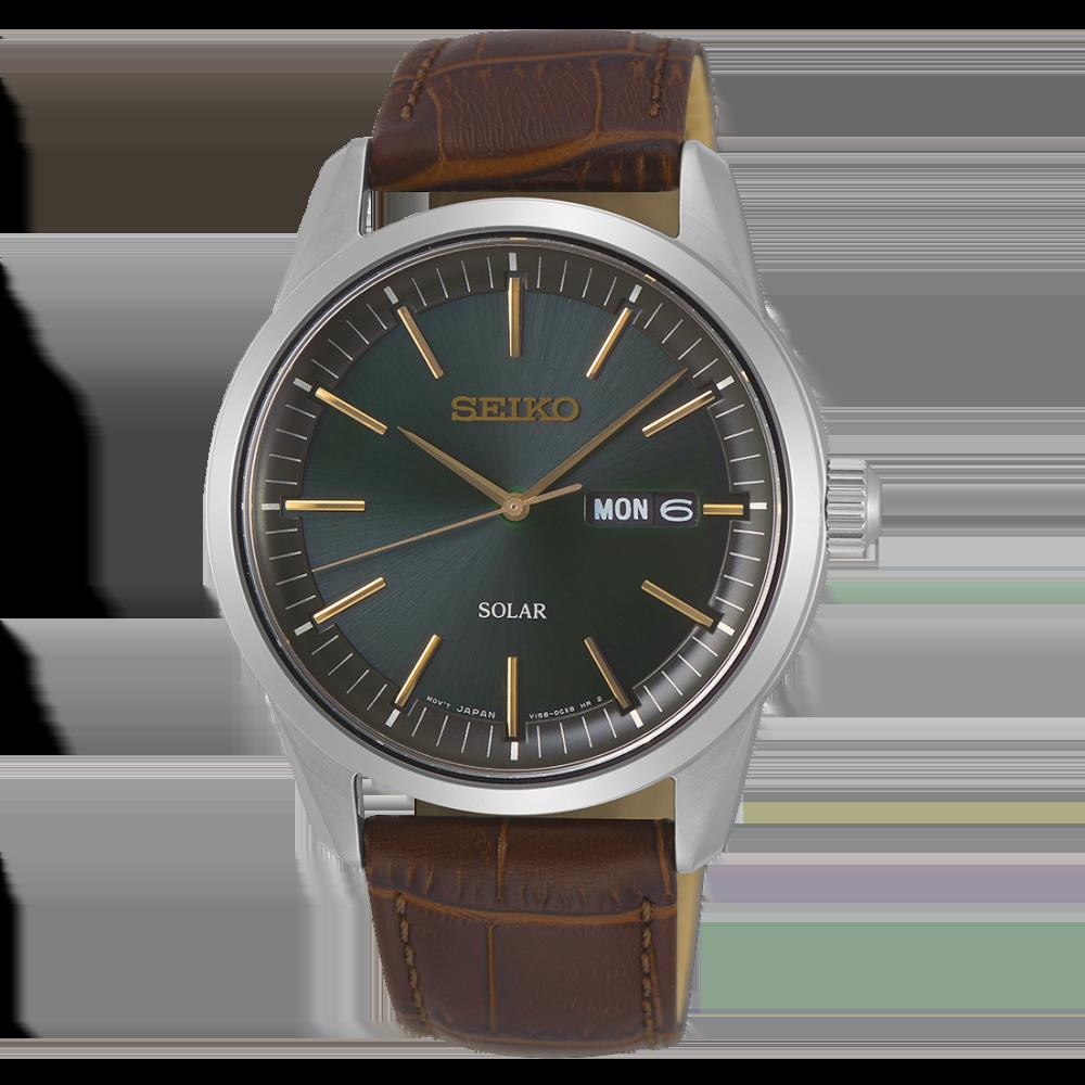 Montre pour homme : cadran vert foncé avec SOLAR, bracelet en cuir marron, boîtier en acier