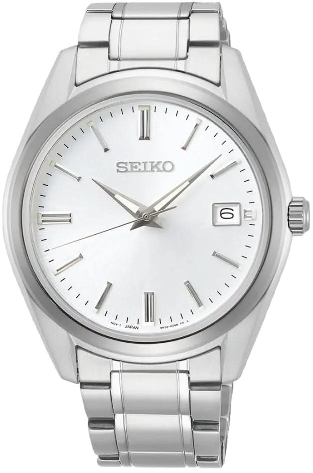 Montre Seiko pour homme avec bracelet en acier inoxydable argenté, cadran blanc, guichet date à 6h