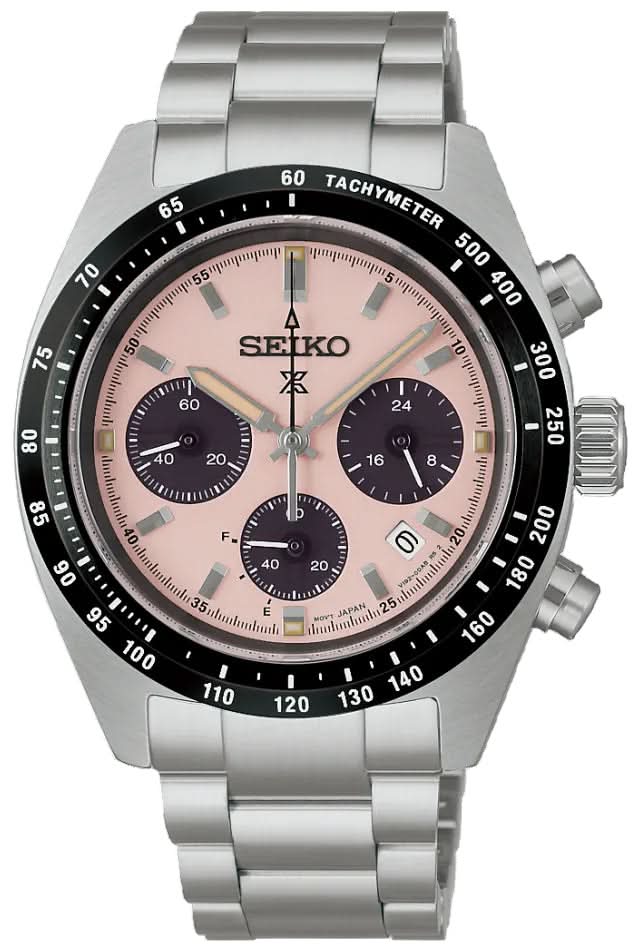 Montre Seiko Prospex pour homme : Chronographe solaire, bracelet en acier inoxydable argenté, cadran rose
