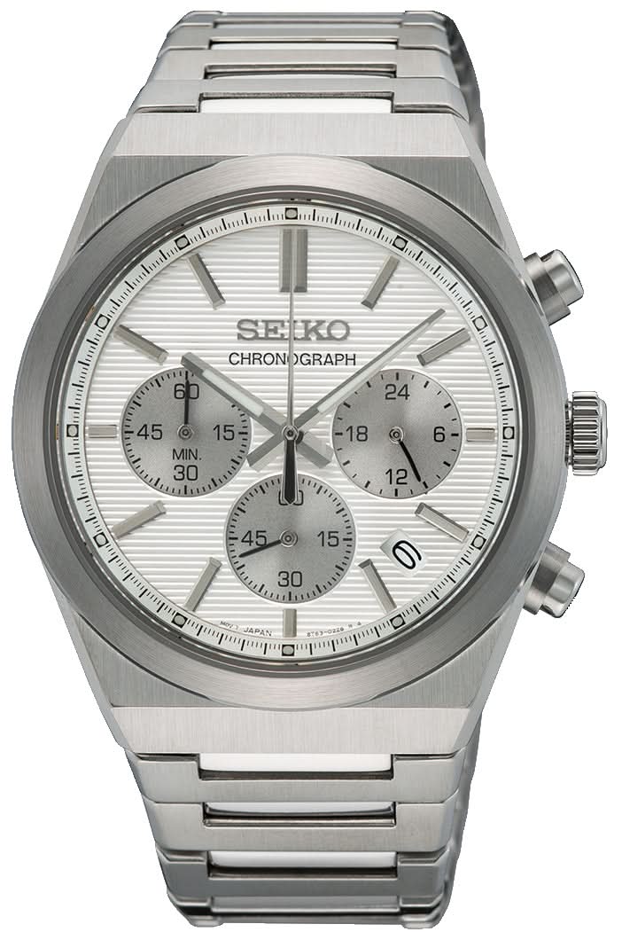 Montre chronographe pour homme avec bracelet en acier inoxydable argenté et cadran blanc