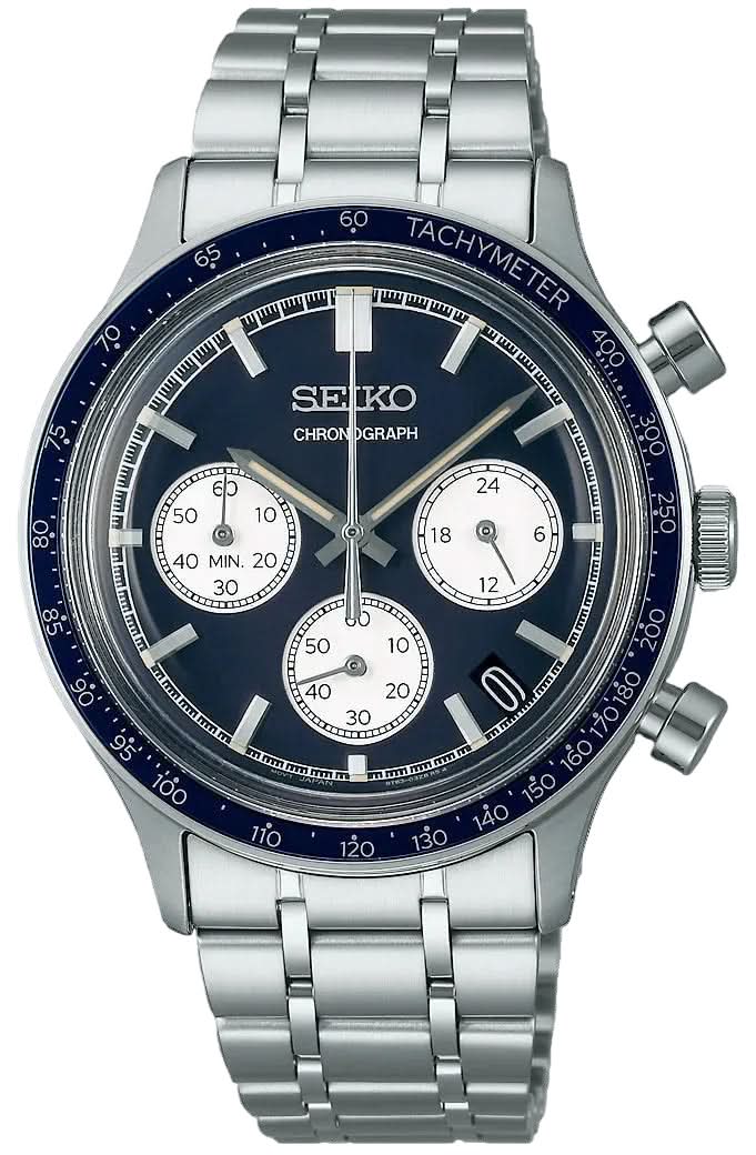 Montre chronographe pour homme avec bracelet en acier inoxydable, cadran bleu et lunette tachymètre
