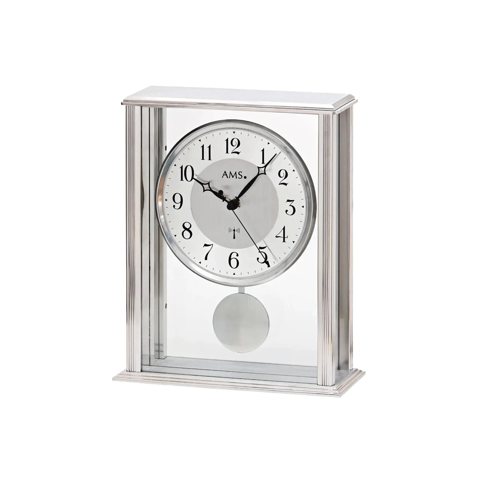 Horloge de table AMS Biel F5190 argent • Mouvement radio-piloté avec pendule • Verre minéral
