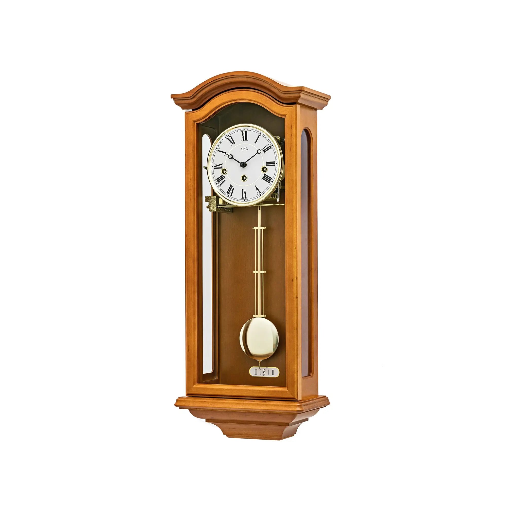AMS Regulator-Wanduhr im Holzgehäuse mit großem Zifferblatt und rundem Pendel
