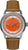 Herrenuhr mit orangefarbenem Zifferblatt, silbernem Gehäuse und braunem Lederarmband.