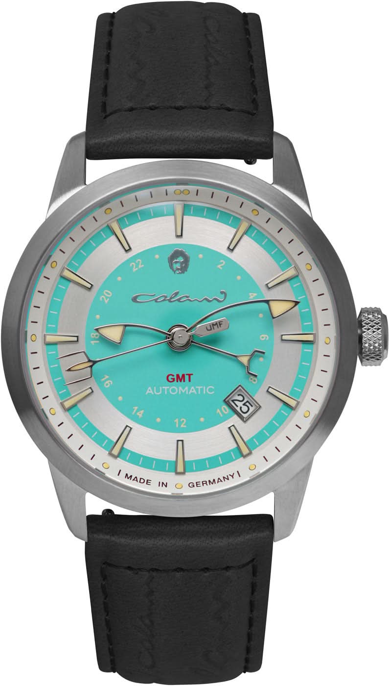 Herrenuhr mit türkisfarbenem Zifferblatt und schwarzem Lederarmband