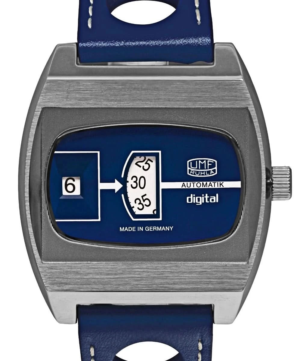 Montre à disque avec boîtier métallique argenté et cadran bleu, affichage numérique, automatique UMF Ruhla