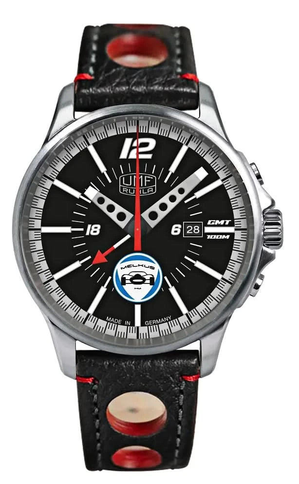 Bracelet de montre pour homme avec boîtier argenté, cadran noir et bracelet en cuir noir avec des accents rouges