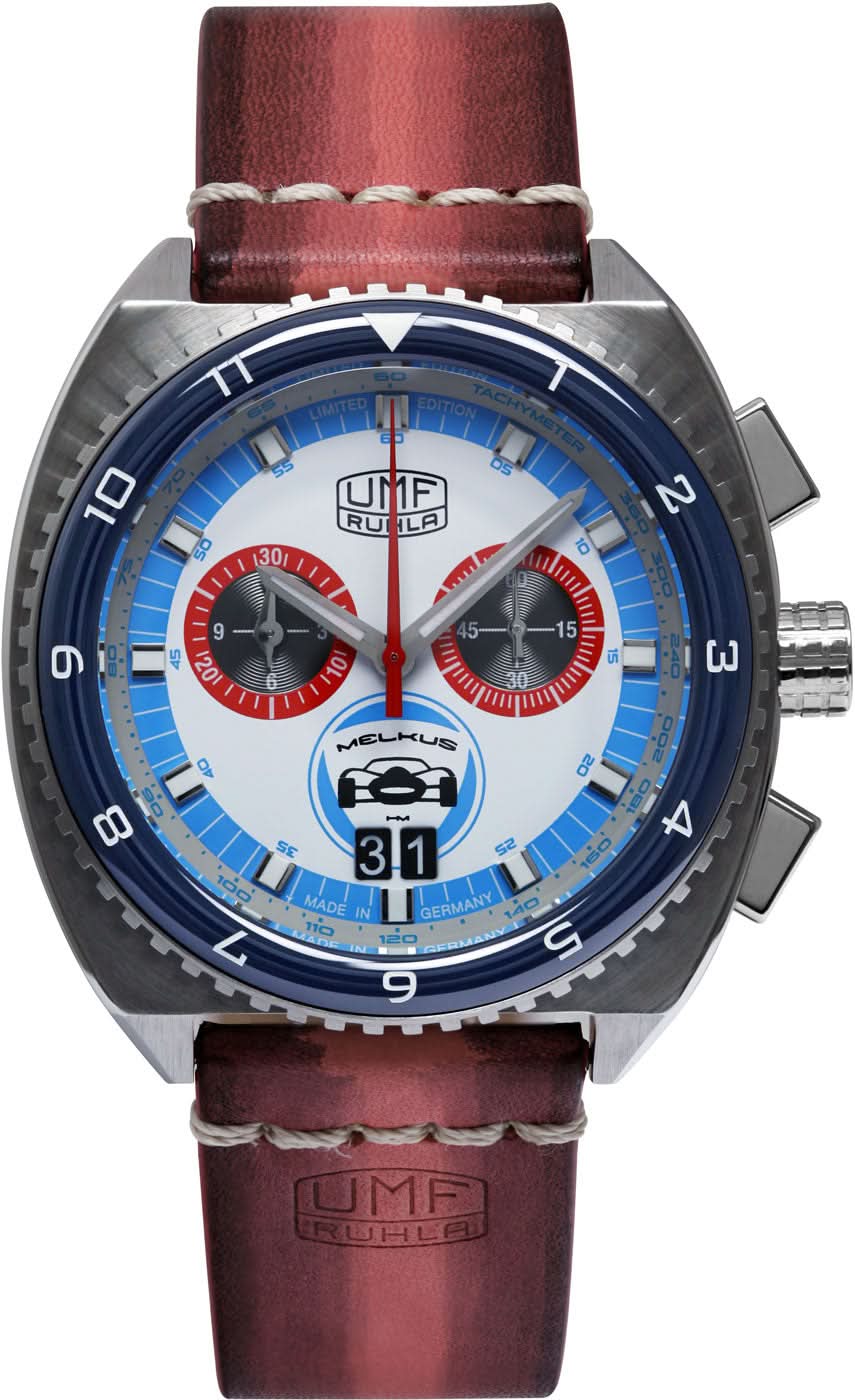 Montre homme avec cadran bleu, affichages chronographes et bracelet en cuir marron