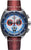 Montre homme avec cadran bleu, affichages chronographes et bracelet en cuir marron