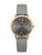 Montre-bracelet : bracelet en cuir gris, boîtier rond doré, cadran noir avec chiffres