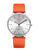 Montre-bracelet avec cadran argenté et bracelet en cuir orange, affichage analogique