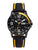 Montre de sport avec boîtier noir, lunette à accents jaunes et bracelet en silicone, mouvement à quartz.
