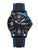 Montre de sport avec boîtier noir, bracelet à accents bleus et cadran tachymètre