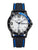 Montre de sport avec cadran noir, bracelet en silicone bleu et lunette tachymètre
