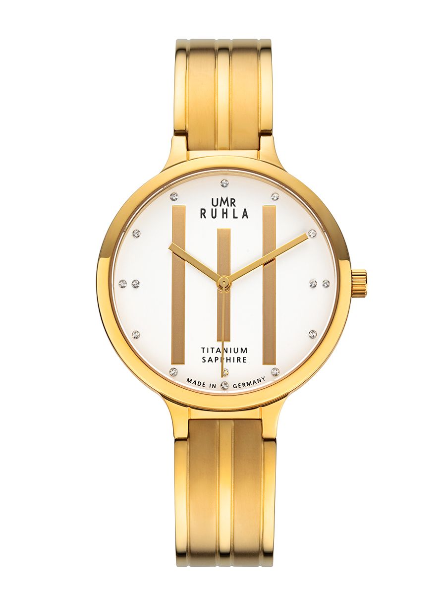 Montre pour femme dorée avec cadran rond blanc, aiguilles dorées et index bâtons