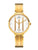 Montre pour femme dorée avec cadran rond blanc, aiguilles dorées et index bâtons