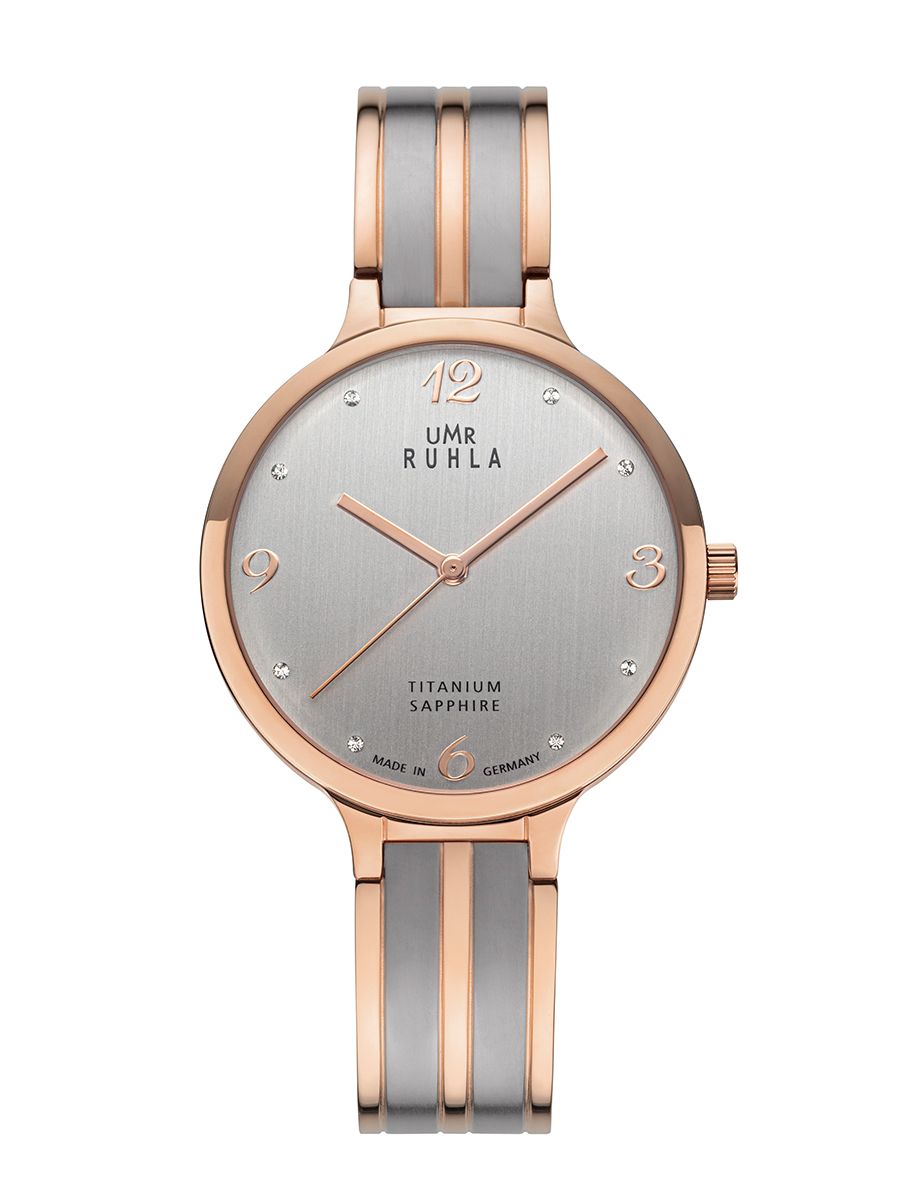 Montre pour femme UMR RUHLA en or rose avec cadran gris, bracelet à maillons en titane et verre saphir