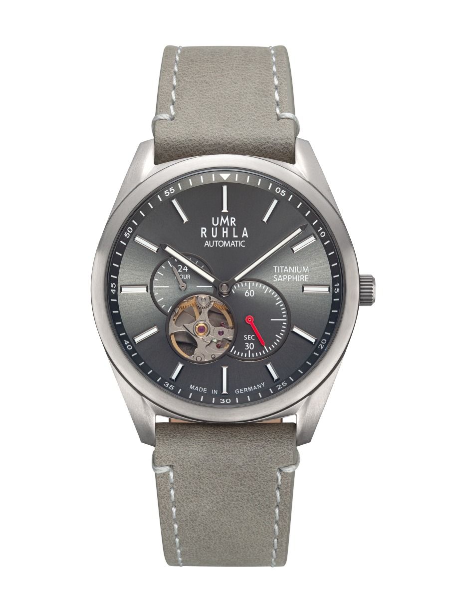 Montre automatique pour homme avec bracelet en cuir gris, boîtier argenté et sous-cadrans