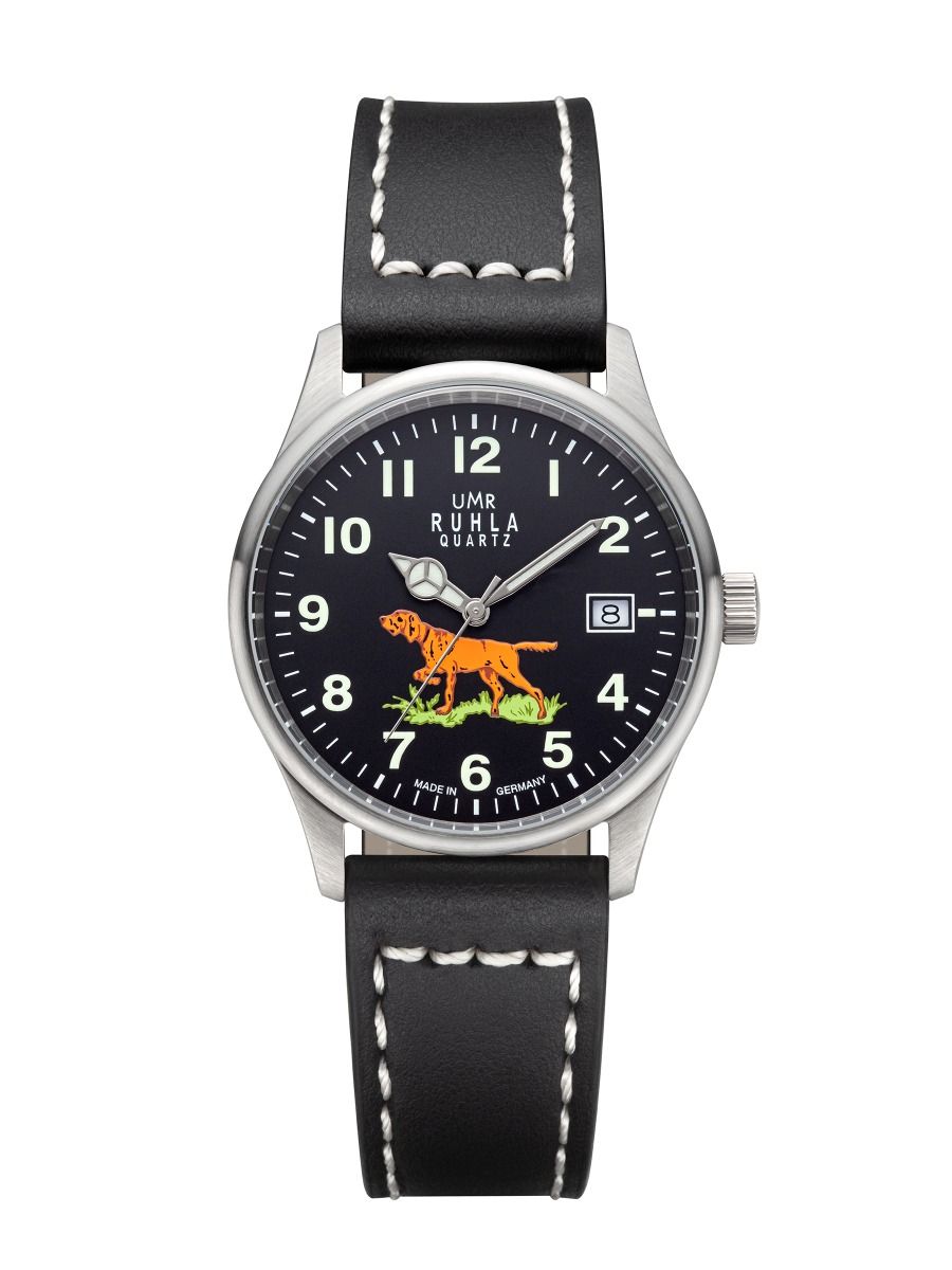 Montre pour homme avec bracelet en cuir noir et cadran rond noir orné d'un motif de chien de chasse