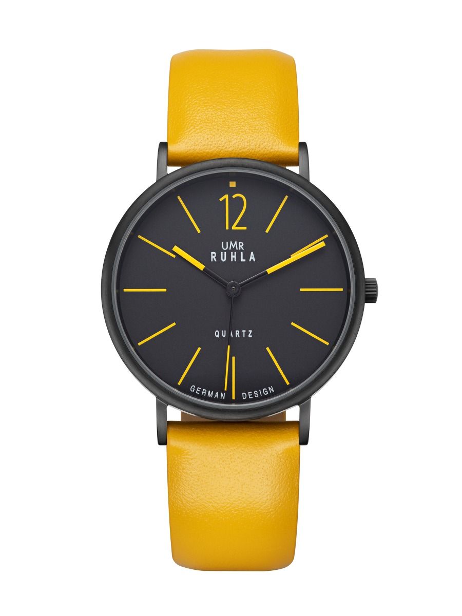 Montre-bracelet avec cadran noir et bracelet en cuir jaune, boucle ardillon