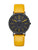 Montre-bracelet avec cadran noir et bracelet en cuir jaune, boucle ardillon