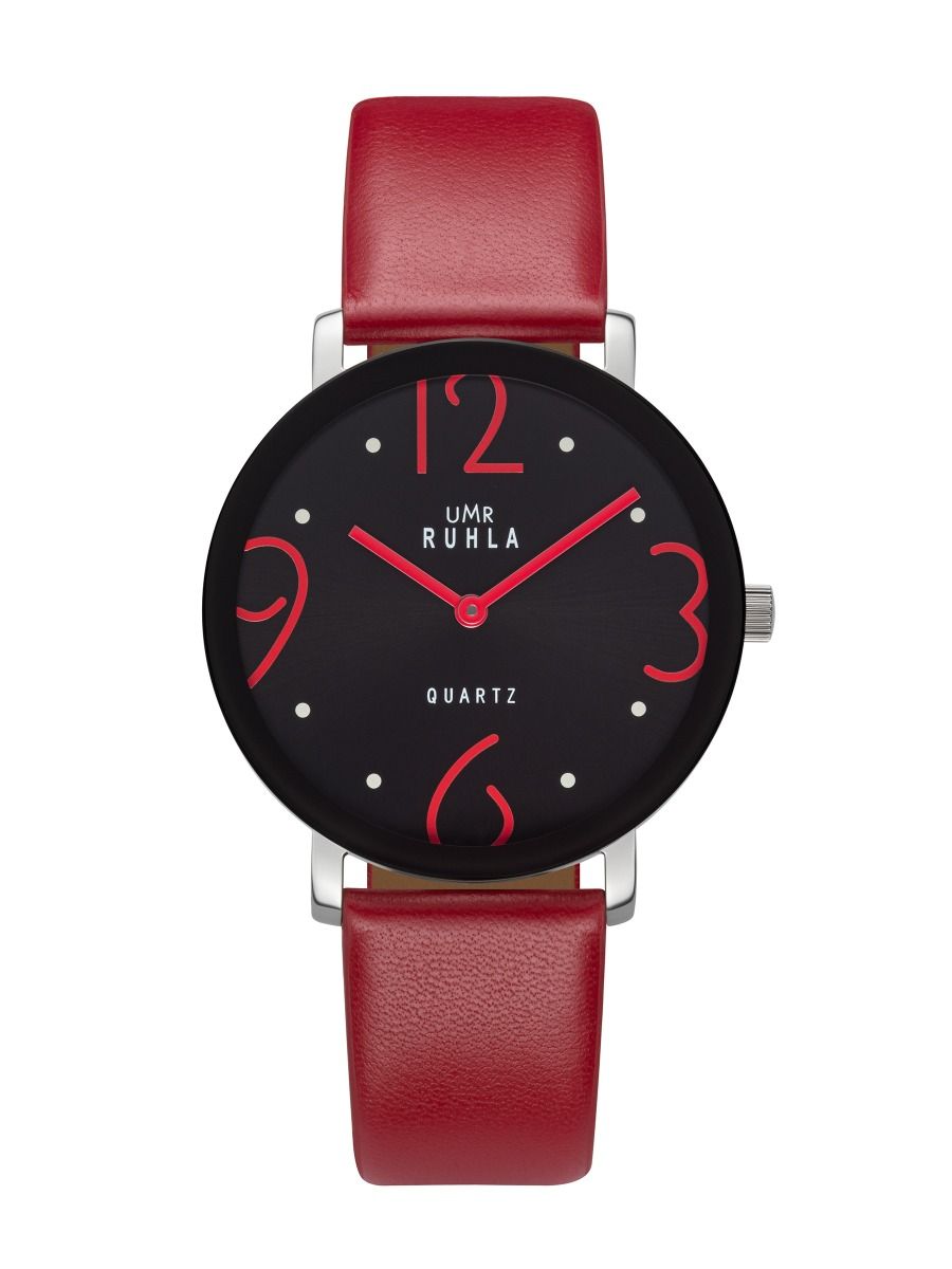 Montre-bracelet UMR Ruhla avec bracelet en cuir rouge, cadran noir et aiguilles rouges